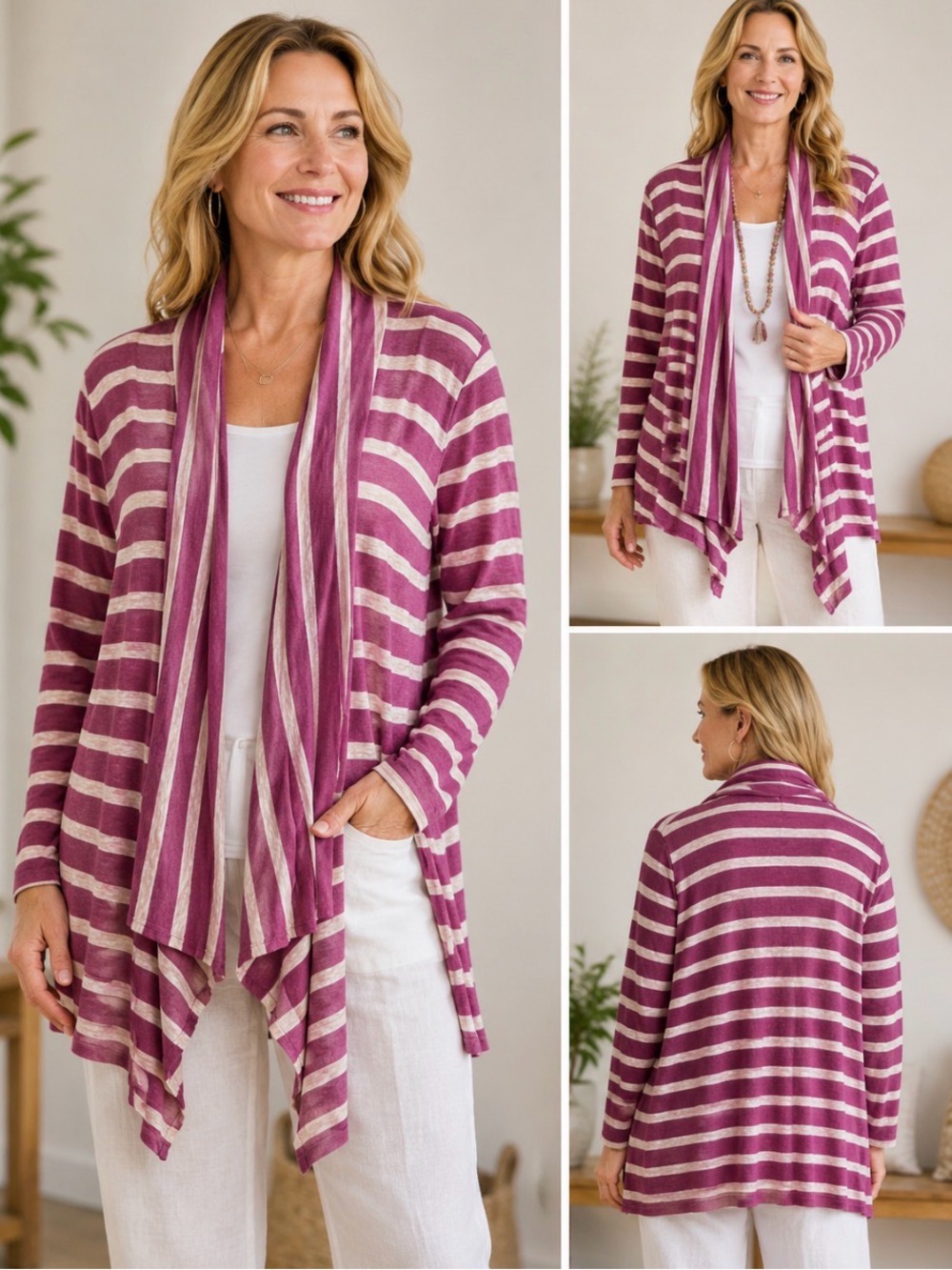 J. Jill Linen Waterfall Cardigan XL Linen Purple Stripe Lightweight Sweater